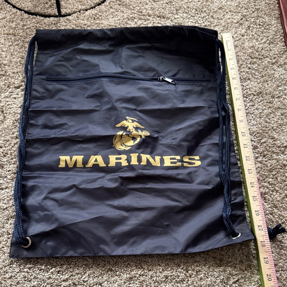 Marines Navy Blue and Gold Drawstring Backpack with Zipper